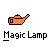 pixelated orange oil lamps with white text labels, showing animation states including smoke, sparkles, and flame effects