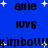 Blue background with black text and white stars; repeated phrases 'amie', 'luvs', 'kimbo!!!' in pixelated font across the image.