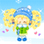 Pixelated cartoon girl with blonde pigtails and blue knit hat stands in snowy scene, green sweater, blue boots, pink and purple hearts float near her.