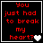 Four black square with red pixelated text reading "You just had to break my heart?" each containing a white or gray heart icon
