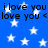 Blue background with white stars and repeated black text 'i love you' in pixelated font.