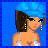 Pixel art contact sheet showing three frames of a female character in swimwear with blue background, silver bikini top, blue skirt, yellow waistband, and black strappy high heels.