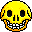 Pixelated yellow circular faces with black eyes and orange outlines display various expressions including skull grins, gritted teeth, frowns, and smiles across a