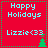 Red background with light blue text reading "Happy Holidays" and "Lizzie<33", green pixelated tree icons in bottom corners, dotted green border.