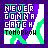 Pixelated text reads 'NEVER GONNA CATCH TOHOROJU' over a purple and green abstract background with white accents.