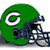 Green football helmet with white spiral logo on side, dark blue facemask and chinstrap visible against plain background.