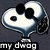 Pixelated cartoon dog head with large white ears, black circular eyes and nose, dark gray background, 'my d:og' text below.
