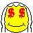 Two side-by-side pixel art smiley faces with dollar signs for eyes, one with a straight mouth and the other with an open red mouth.