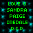 Green pixelated text on a dark background with cyan square patterns, repeating the phrase 'LOVE U SANDRA PAIGE IREDALE R.I.P' in two