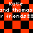 Pixelated red and black checkered background with repeated text "Katie and thomasand thomas r friends!!!!!" in white block letters.