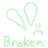 Two light green pixelated icons display 'Broken' text with heart-shaped location pins; left icon shows a sad face between the pins, right is plain.