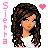 Pixelated static icon of a woman with long dark hair, pink heart symbol, and vertical text on left side against light background.