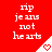 Red background with white text reading 'rip je ans not he arts' and a small heart icon in the corner.