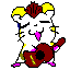 Pixelated hamster character with yellow tufted hair and pink accents plays a red guitar against gray background, showing sequential animation frames.