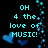 Pixelated cyan text on black background with blue hearts and light-blue sparkles, reading 'OH 4 the love of MUSIC! LET'S BE HAPPY!!!' and 'We're all MAD @ each other so....'