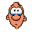 Pixelated cartoon face with orange skin, black hair, and blue-tinted glasses showing two distinct expressions on a gray background.
