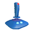 Blue joystick with red button on top, two light blue buttons on base, and purple accent, shown in multiple poses against gray background.