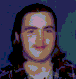 Four pixelated show a person with long dark hair against a blue background, displaying variations in facial expression and head position