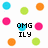 Pixelated icon with scattered colored circles and text phrases on white background, featuring 'OMG ILY', 'UR JUST TOO', and 'BLIND TO SEE IT' in black block letters.