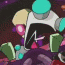 Animated sequence of a cartoon character with teal head, beige ears, and black mouth opening/closing against purple background.