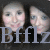 Two pixelated faces with light skin tones and blue eyes appear side-by-side above large stylized text reading 'Bff Iz' on a dark background.
