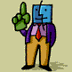 Four pixelated figures with blue square heads, purple jackets, red ties, and tan pants stand in a , each holding a green foam finger