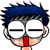 Four pixelated cartoon faces with blue spiky hair, white eyes with black horizontal lines for pupils, red rectangular mouths, and light skin tones arranged in a