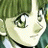 Pixelated anime-style character with green hair and green eyes on left, black background with white text on right.