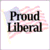 Static pixel art icon with bold black text "Proud Liberal" over a soft pink and white gradient background.