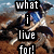Pixelated image with bold white text 'what i live for!' overlaid on a blurred background featuring indistinct figures and landscape elements.