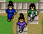 Pixel art animation of two characters in traditional East Asian clothing walking across a stone path with grassy patches.