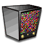 A gray trash can with a black top and bottom, displaying colorful static on its front face, positioned against a white background.