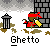 Pixel art animation of a character in red bandana and clothing holding yellow object near brick wall with trash cans, text "Ghetto" below.