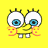A 3x3 contact sheet of SpongeBob SquarePants animated frames with yellow background, red text variations, and a small character face in the top-left corner.