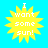 Yellow sun-shaped icon with white text "I want some sun!" on bright blue background, four identical instances