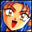 Pixelated anime-style character with orange hair and blue background, mouth open in surprise, next to stylized text on black background.