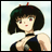A pixelated anime-style character with short black hair and red eyes in a blue dress, next to stylized text on a black background.