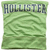 Two side-by-side animated frames of a Hollister logo on fabric backgrounds, one green and one blue.