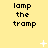 Yellow background with repeated 'lamp the tramp' text in black pixelated font, scattered white star and cross symbols.