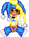 Pixelated character with blue and yellow hair, wearing a yellow shirt with blue star, blue pants, white shoes, black choker, and silver earrings.