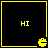 Four identical black squares with yellow borders each contain 'HI' text and a Pac-Man character at the bottom-right corner.