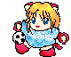 Pixelated cartoon character with blonde hair and blue eyes wears light blue shirt, red shoes; holds soccer ball in various poses