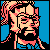 Pixelated character icon with blue background, pink and beige tones, black outlines, and visible dithering effects on hair and clothing.