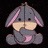 Pixelated cartoon donkey with gray body and pink inner ears sits against black background, holding a beige object near its face.