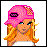 Pixel art contact sheet showing three frames of an animated buddy icon featuring a cartoon woman in pink attire with visible text elements below each frame.