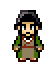 Pixel art character in green and brown attire with dark hair, shown across four displaying slight pose variations