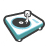 Pixelated diamond-shaped icon depicts a turntable with black platter, silver tonearm, and teal-and-white vinyl surface.