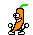 Pixel-art carrot character with green top, white shoes, and black limbs in six sequential poses showing walking motion.