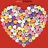 A pixelated heart-shaped icon with multicolored internal patterns on a solid red background.