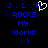 Blue pixelated text on black background reads J.L.P. ROCKS MY WORLD! : ) with a white heart symbol replacing the 'O' in 'ROCKS'.